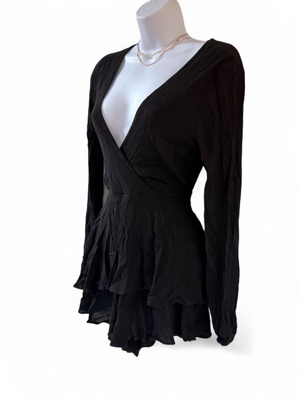 Altar'd State Black Long-Sleeve V-Neck Tiered Romper